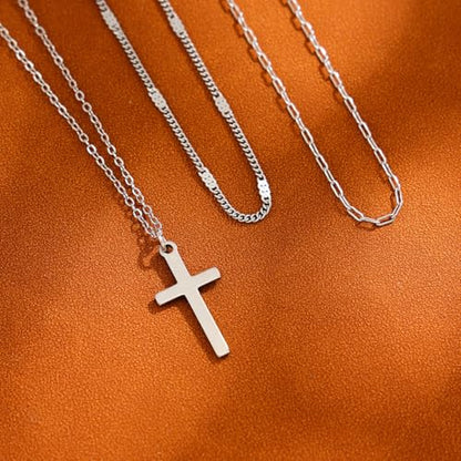 Cross Necklace for Women Dainty Layered Stainless Steel Silver Chain Necklace Stack Trendy Charm Pendant Necklaces Jewelry Set - color: Silver