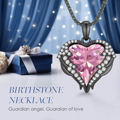 CDE Angel Wings Heart Birthstone Pendant Necklace Gift for Women | Silver/Gold Tone,Ideal Birthday & Anniversary Jewelry Gift for Wife,Girlfriend,Her - color: Black-10-Opal Pink Birthstone