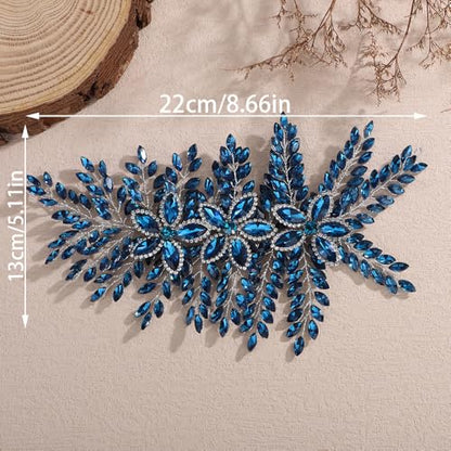 Teyglen Large Full Rhinestone Headband Flower Crystal Bride Wedding Headband Hair Vine Bridal Rhinestone Headpiece Wedding Hair Accessories for Women Party Prom (Peacock blue) - color: Peacock blue