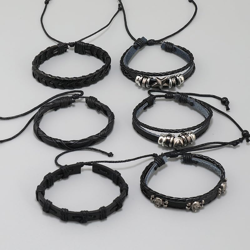 Leather Cuff Bracelet for Men Women, Multilayer Braided Wristband, Adjustable 6.5-9.5 Inches Wrap Bracelets Punk Gothic Grunge - color: Skull Star - 6Pcs