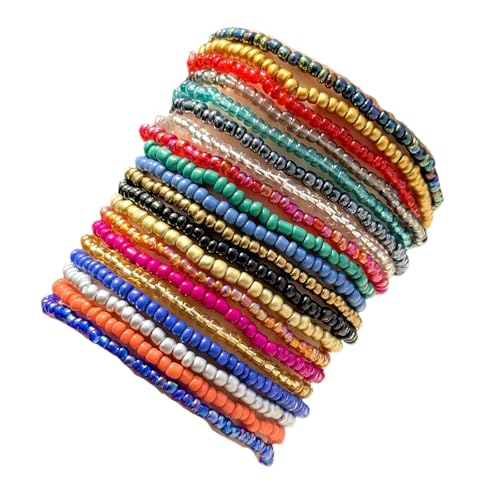 16-30Pcs Handmade Bohemian Colorful Crystal Seed Beads Stackable Adjustable Elastic Stretch Multilayerd Bracelets for Women Summer Vacation Beach Boho Bangle Jewelry - color: mix 2