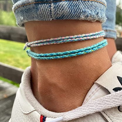 Made by Nami 2 Pcs Wave String Ankle Bracelets for Women Waterproof & Adjustable Thin Braided Anklet Surfer Boho Ankle Bracelet Set of 2 Beach Accessories - color: Baby Blue Set