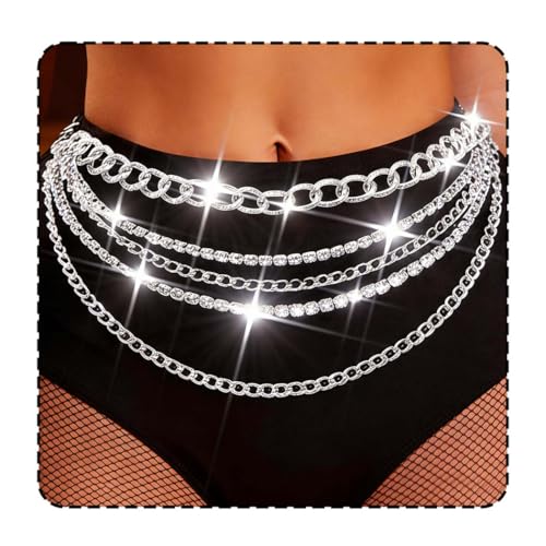 CLOACE Waist Chain Rhinestone Layered Belly Chain Fashion Rave Body Chain Jewelry for Women - color: Silver