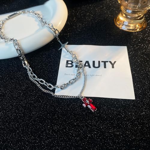 Gothic Cross Star Necklace For Men Women Silver Stainless Steel Cuban Link Paperclip Figaro Bead Chain Punk Kpop Y2k Goth Irregular Layered Cross Pendant Necklace Non Tarnish Jewelry Gift - color: Silver B