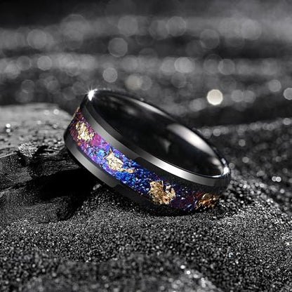 King Will Mens Wedding Band with Foils Inlay, Black/Silver/Gold | Black, 6mm/8mm, Beveled Edge, Comfort Fit, Glowstone Ring, Everyday Wear - color: Purple&Gold