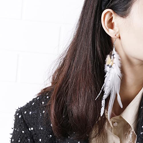 Long Bohemian Pheasant Feathers Statement Earrings Handmade Natural Lightweight Feather Dangle Earrings for Women (ea000067) - color: White