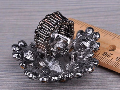 Alilang Gunmetal Tone Black Crystal Rhinestones Flower Cluster Floral Adjustable Ring