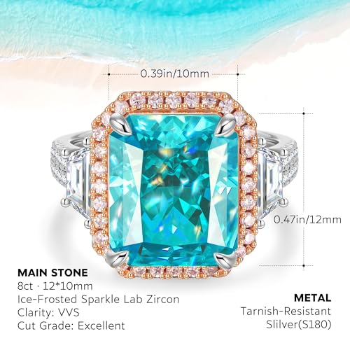 Moissa 8ct Sunset Glow Radiant Cut Halo Cocktail Ring for Women | 14K Gold Plated Tarnish-Resistant Silver Ring, 12x10mm Lab Zircon, Bold Statement Ring for Party, Engagement & Anniversary - color: Vivid Blue