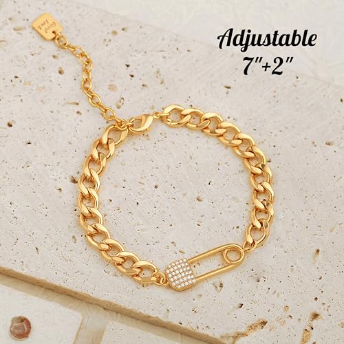PEARLADA 18k Gold Plated Chain Layerd Bracelet Coin Charm Toggle Bracelet Trendy Cubic Zirconia Jewelry - color: Pin
