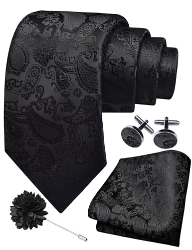 GUSLESON 3.15"（8cm） Mens Paisley Tie and Lapel Pin Necktie Hankerchief Cufflinks Set for Men - color: Black