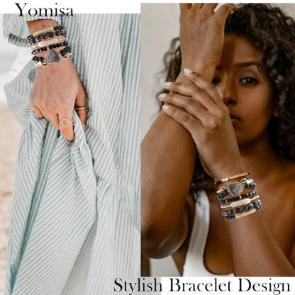 Yomisa 5PCS 6PCS Natural Boho Beaded Bracelets/Bangle for Women Men,Healing Turquoise Jasper Agate Crystal Gemstone Stone Chakra Multilayer Wrap Bohemian Handmade Jewelry Beads Stretch Bracelet Set - color: 6PCS-Black