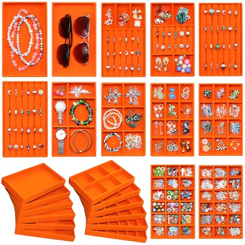 Jewelry Trays Organizer Stackable Velvet Earring Organizer Jewelry Tray for Drawers Ring Necklace Bracelet Storage Display Case, Set of 12 - color: Orange, size: 12 Pack