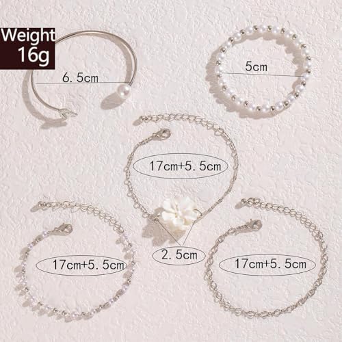 5Pcs Boho White Flower Beaded Pearl Bracelets for Women Trendy, Cute Gold Silver Stackable Floral Petal Pearls Beads Chain Bracelet Holiday Jewelry Gifts - color: Silver