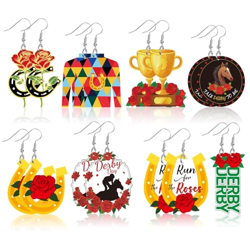 Kentucky Derby Earrings 8 Pairs Women Horse Racing Acrylic Dangles | Acrylic Double Sided Design, Kentucky Derby Day Accessories, Lightweight Horse Race Jewelry, 8 Pairs Party Gifts Bulk - style: Horse Racing