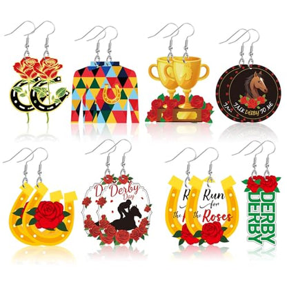 Kentucky Derby Earrings 8 Pairs Women Horse Racing Acrylic Dangles | Acrylic Double Sided Design, Kentucky Derby Day Accessories, Lightweight Horse Race Jewelry, 8 Pairs Party Gifts Bulk - style: Horse Racing