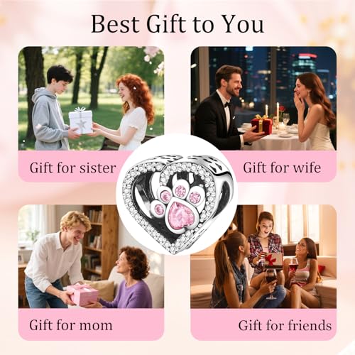 S925 Sterling Silver Cute Bead Charm for Pandora Bracelets and Necklaces | Lucky Clover Cute Animal Pink Bow Cherry Butterfly Pendant Bead Charms Jewelry Making Gifts for Women Valentines Mother's Day - style: Paw Print Heart Bead Charm