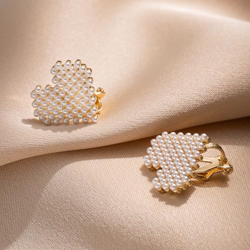 YOQUCOL Simulated Pearl Flower-Cluster Shape Clip On Stud Earrings Non Pierced Ear Earrings for Women - color: Heart-shaped