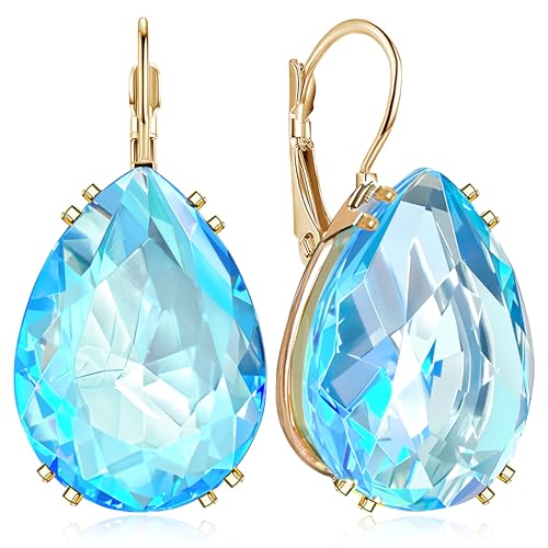 14K Gold Teardrop Crystal Leverback Earrings Sparkly Rhinestone Water Droplet Dangle Drop Earrings For Women - color: Sky Blue