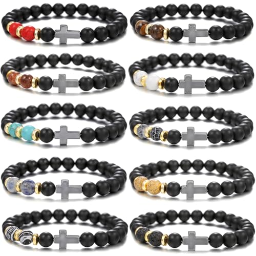 Beaded Bracelets Cross Bracelet for Women Men Lava Rock Turquoise Tiger Eye Natural Bracelet Anxiety Healing - color: 10 Pcs- black Hematite cross A