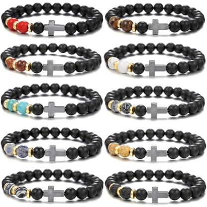 Beaded Bracelets Cross Bracelet for Women Men Lava Rock Turquoise Tiger Eye Natural Bracelet Anxiety Healing - color: 10 Pcs- black Hematite cross A