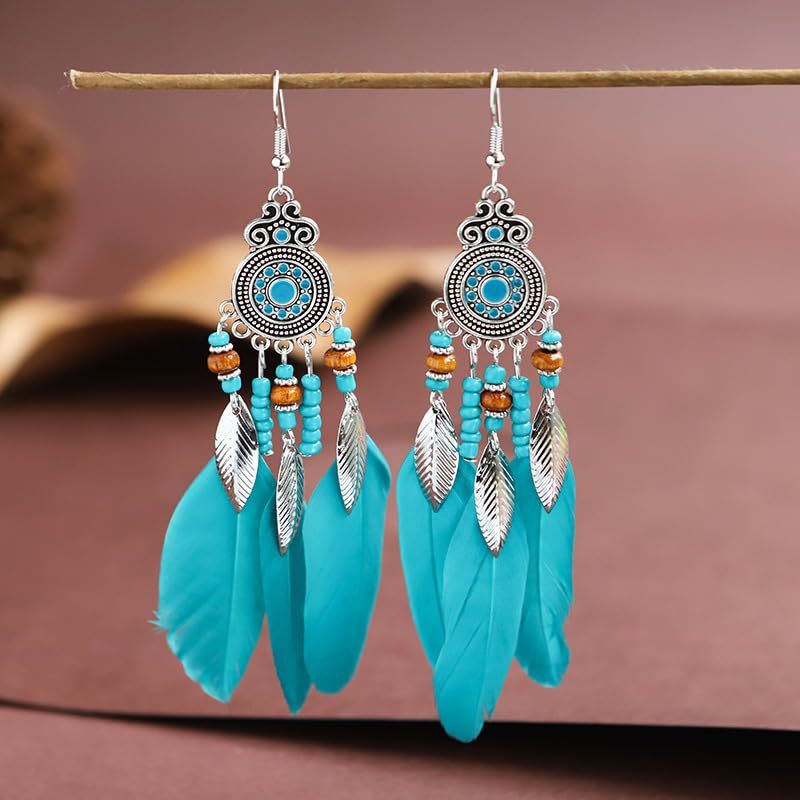 Boho Western Earrings for Women Western Feather Earrings Vintage Concho Turquoise Teardrop Dangle Earrings Country Concert Jewelry Accessories - style: Blue feather