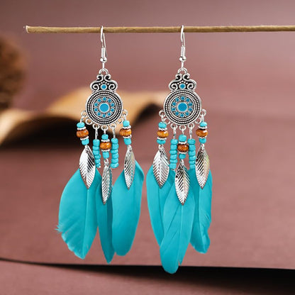 Boho Western Earrings for Women Western Feather Earrings Vintage Concho Turquoise Teardrop Dangle Earrings Country Concert Jewelry Accessories - style: Blue feather
