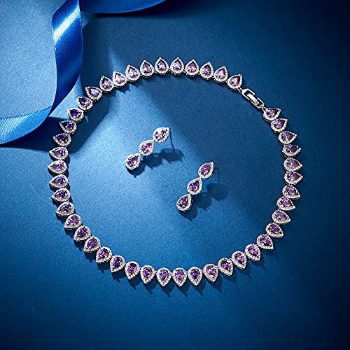 EleQueen Women's Silver-Tone Full Prong Cubic Zirconia Teardrop Bridal Necklace Earrings Set - color: 05-Amethyst Color