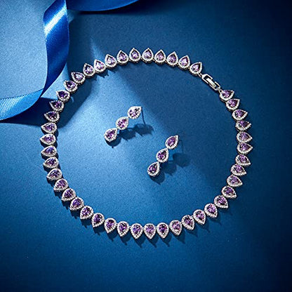EleQueen Women's Silver-Tone Full Prong Cubic Zirconia Teardrop Bridal Necklace Earrings Set - color: 05-Amethyst Color