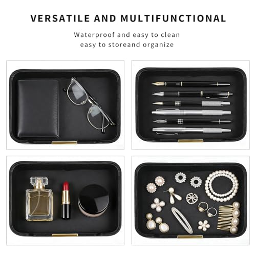 Luxury Leather Valet Tray Desktop Storage Organizer,Bedside Vanity Catchall Tray Nightstand Caddy Holder for Cosmetic,Jewelry,Watch,Keys,Phone,Wallet,Remote Controller,Pen,Black - color: Black