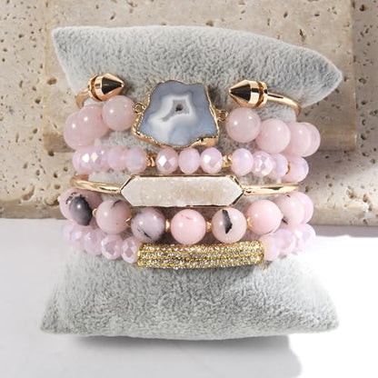 Yomisa 5PCS 6PCS Natural Boho Beaded Bracelets/Bangle for Women Men,Healing Turquoise Jasper Agate Crystal Gemstone Stone Chakra Multilayer Wrap Bohemian Handmade Jewelry Beads Stretch Bracelet Set - color: 6PCS-Pink