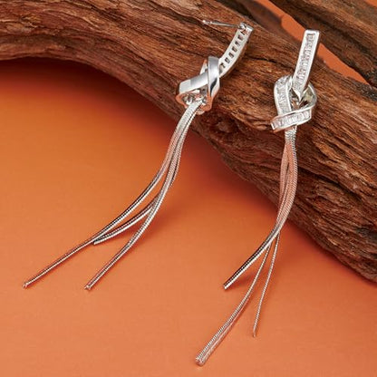 Dangle Earrings for Women, Sparkly Rhinestone Long Tassel Chain Earrings | 18K Gold or 18K White Gold Plated, 925 Sterling Silver Posts, Cubic Zirconia, Hypoallergenic, Tarnish Resistant, Lightweight - color: Silver