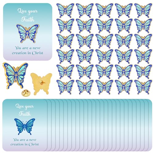 Sayglossy 30 Sets Butterfly Pins on Card Bulk Religious Butterfly Pins Live Your Faith Christian Lapel Brooches with Bible Verse Cards for Women Mother Church Gifts - style: Butterfly