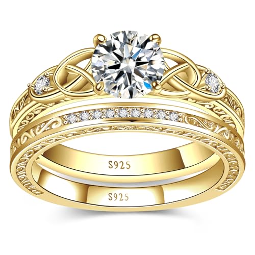 Yaresul Vintage Celtic Knot Women's Engagement Ring Sets Size 5-9 | 925 Sterling Silver/14K Gold Plated Stackable Wedding Bands Rings Cubic Zirconia Women Bridal Sets Wedding Ring Band - color: B-14K Gold-Ronud Cut Set