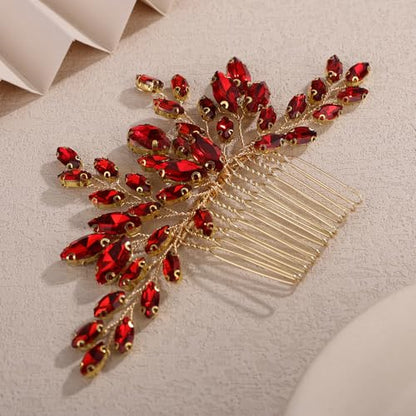 Teyglen Red Rhinestone Wedding Hair Comb Simple Crystal Hair Piece Bridal Crystal Hair Comb for Bride Wedding Hair Accessories for Women Party Prom Headpiece(Red) - color: Red
