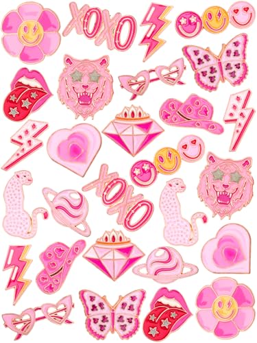 JUNEBRUSHS 28pcs Girl Pink Power Brooch Pins Pink Ribbon Lapel Pins for Women Girl Power Clothes Preppy Decorations Accessories - style: Pink Power Style