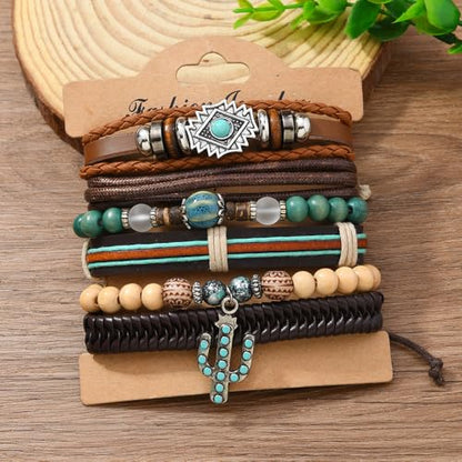 Western Outfits for Women Turquoise Western Bracelets Bohemian Vintage Stackable Beaded Leather Bracelets Adjustable Hand-woven Layered Bracelet Western Country Concert Jewelry for Women - style: Turquoise Cactus