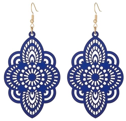 Boho Black Filigree Dangle Earrings for Women, Lightweight Hollow Lace Drop, Wood, 3.34" x 1.69", Bohemian Jewelry - color: Blue
