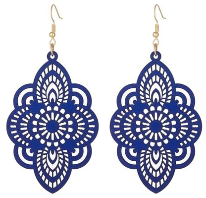 Boho Black Filigree Dangle Earrings for Women, Lightweight Hollow Lace Drop, Wood, 3.34" x 1.69", Bohemian Jewelry - color: Blue