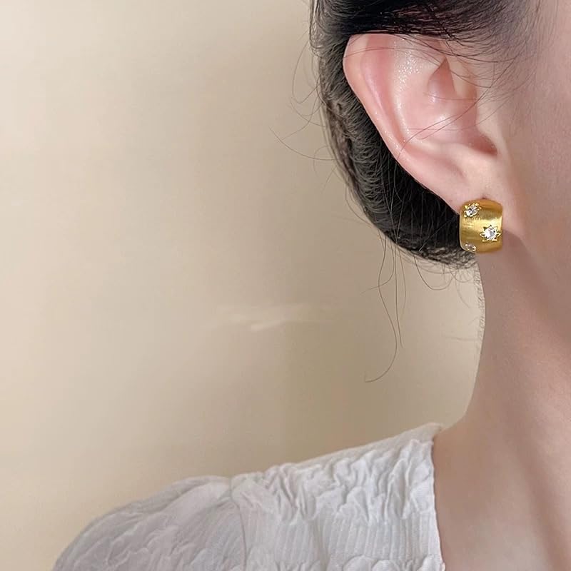 14K Gold Plated Women's Geometric Stud Earrings with Micro-Pave Zirconia, Semi-Curved Brushed Matte Finish,Elegant Light Luxury Jewelry Gift