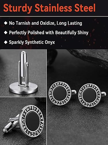 FaithHeart Mens Cufflinks, Norse Viking Tuxedo Shirt Cuff Links, Stainless Steel Cuff Links and Shirt Studs, Gift Box - style: 03. Black Onyx-Silver