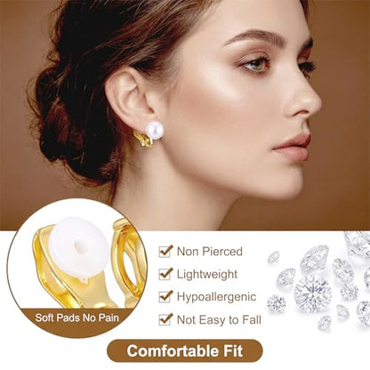 10 Pairs Gold Clip on Earrings, 14K Gold Plated Clip Earrings Earring Set | Non Pierced Ears Clips, CZ Pearl Knot Twist, Chunky Hoop, and Studs