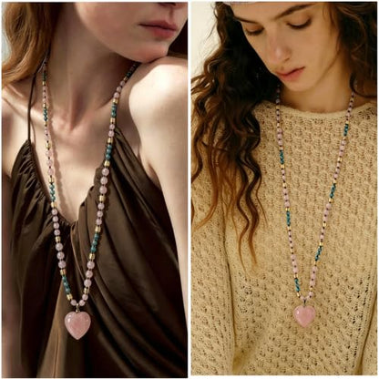Yomisa Long Necklaces for Women Trendy, 33/34/35 inch | Boho Beaded Necklaces for Women, Natural Stone Pendant, Handmade Knotted Bead, Bohemian Holiday Summer Western Charm Jewelry - color: Love-Pink