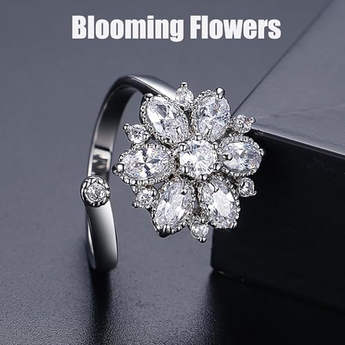 18K Gold Plated Rings for Women and Teen Girls Non Tarnish Cubic Zirconia Fidget Ring Butterfly/Snake/Mesh/Cross/Crown Knuckle Ring Open Adjustable Statement Stacking Chunky Rings - color: Silver Flower