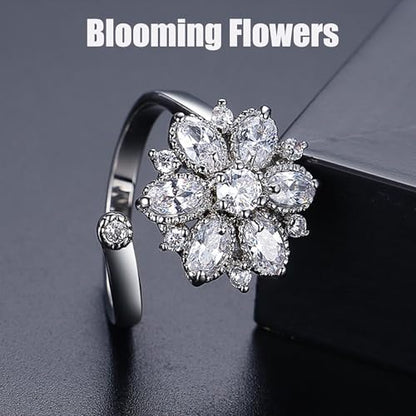 18K Gold Plated Rings for Women and Teen Girls Non Tarnish Cubic Zirconia Fidget Ring Butterfly/Snake/Mesh/Cross/Crown Knuckle Ring Open Adjustable Statement Stacking Chunky Rings - color: Silver Flower