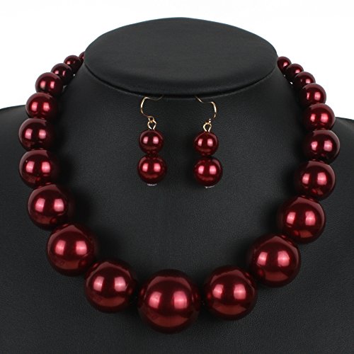 Large Style Big Imitate Pearl Strand Choker Necklace With Earrings Set - color: burgundy