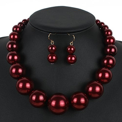 Large Style Big Imitate Pearl Strand Choker Necklace With Earrings Set - color: burgundy
