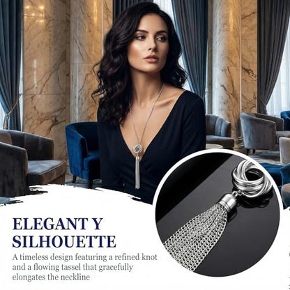 Long Silver Tone Tassel Necklace for Women Trendy Western Jewelry Knot Pendant Statement Snake Chain Lovely Charm for a Great Present