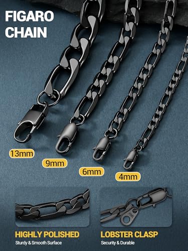 PROSTEEL Stainless Steel Figaro Link Chain Necklace for Men Women | 18K Gold Plated/Black/Silver,4/6/9/13mm Width,Sweat-proof and Fade-resistant Diamond Cut Chain with Sturdy Clasp,18"-30" - color: Black, size: 14 inch(choker), style: 4mm Width