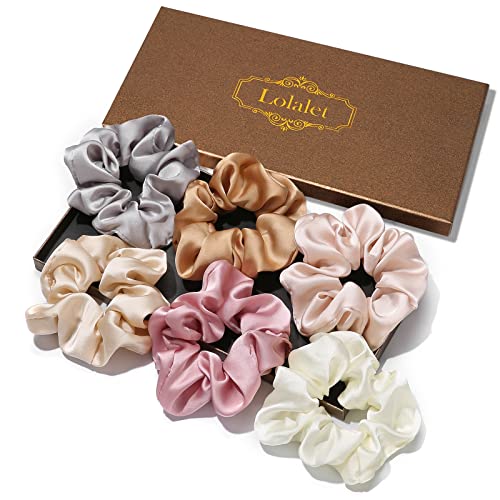 Lolalet Scrunchies for Women, Satin Hair Scrunchies Softer Than Silk Hair Ties for Hair Sleep, Big Scrunchy Ponytail Holder with Elastic Hair Bands for Girls Thick Thin Curly Hair -6 Pack, Style C - color: 2- Satin/Champagne, Pink, White, Grey, SandyBrown