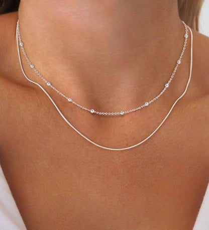 Freekiss Layered Necklace Set for Women Stackable | Herringbone Snake Cuban Rope Chain, Dainty Choker, Layered Stackable, Non Tarnish, Hypoallergenic, Adjustable 14-18.5" - color: Silver, style: Layer Beaded Choker+1.5mm snake